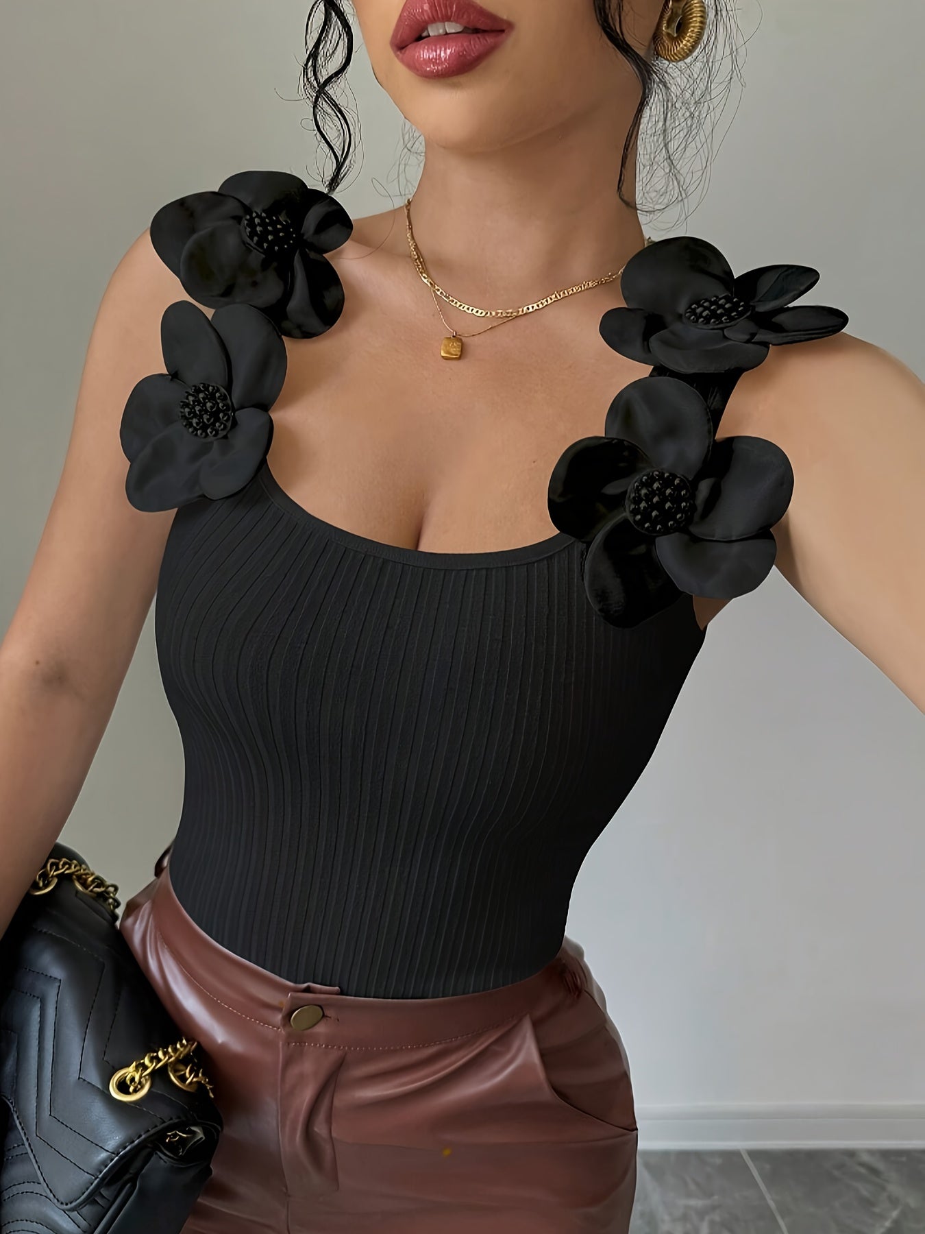 European And American Cross-Border Versatile Floral Fitted Ribbed Tank Top for Women